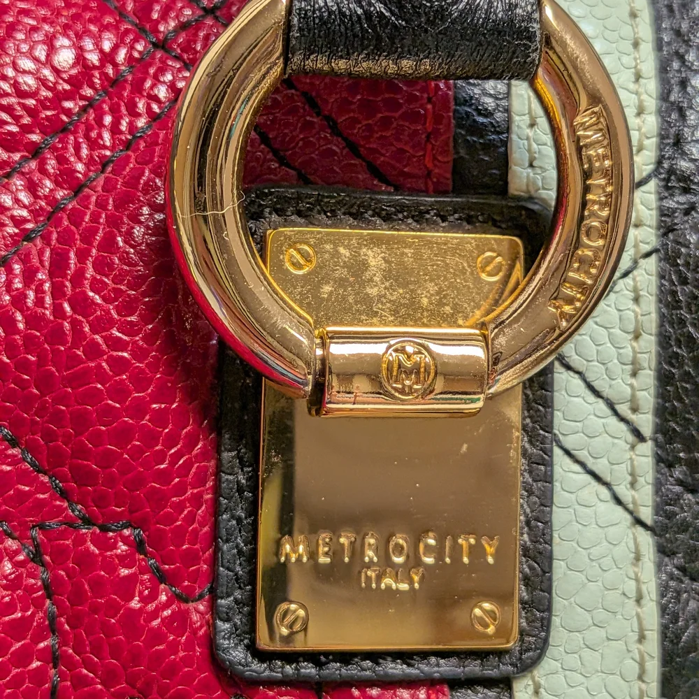 Metrocity Brand Black Quilted Satchel with Red and Mint Stripe - Picture 2 of 13